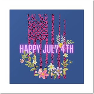 Happy July 4th (pink flag and flowers) Posters and Art